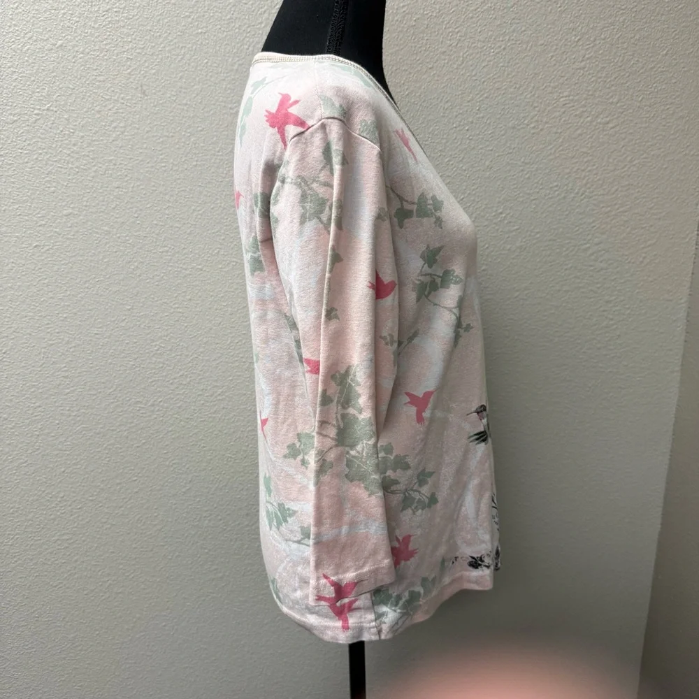 Cactus Bay Hummingbird Floral Tee Pink Rhinestone Birds 3/4 Sleeve Top L - Picture 6 of 9
